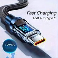 120W Super Fast Charging USB A To Type-C Cable With LED Digital Display, Dual Type-C Cable, 6A High 