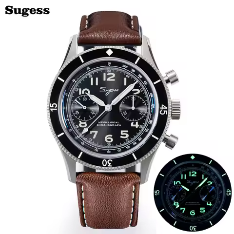 Sugess Pilot Watch Handwind Chronograph Mechanical Wristwatches Luminous Skeleton Men Watches Crysta