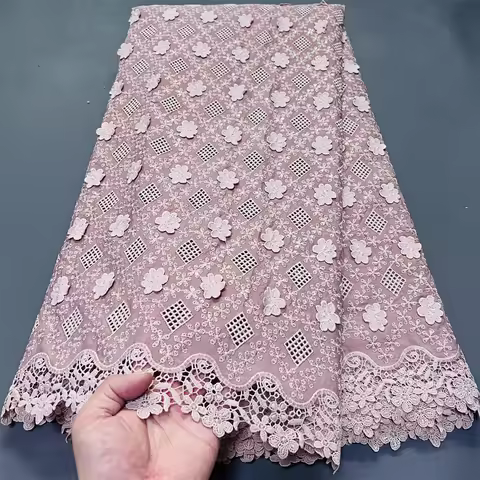 2026 High Quality African Nigerian Tulle Lace Fabric Cotton Embroidery Wedding Party Dress Golden Da