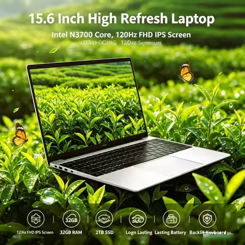15.6 Inch High Refresh Laptop Intel N3700 120Hz IPS Screen 32GB Large RAM 2TB SSD Long Lasting Batte