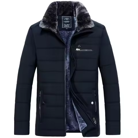 Men's Warm Jacket Winter Parka Fur Collar Windbreaker Cotton Padded Anorak Thick Black Coat Male Cas