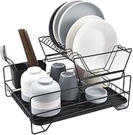 Space Saving Dish Rack 2 Layer Dish Drainer Rack With Plate Drainer And Drip Tray And Cutlery Basket Metal Wires Space Saver Dish Drying Rack (Color : Black, Size : 43x34x26cm)