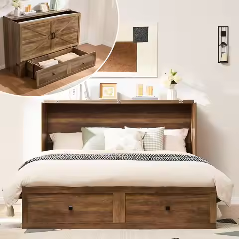 Full Murphy Bed with Storage & Charging Station | Barnwood Wood Murphy Cabinet, Farmhouse Foldable P