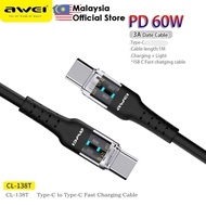 Awei CL-138 60W Cable Type C Cable PD60W Transparent Data Cable Fast Charging Cable 1M 100cm