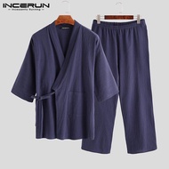 INCERUN ชายชุดนอนยาวกางเกงชุดผ้าฝ้ายญี่ปุ่น Kimono Coat ชุดนอนชุดนอน