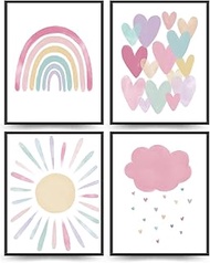 ETVISO Nursery Decor,Pink Boho Girl Room Decor,Watercolor Rainbow Sunshine Hearts Cloud Wall Art Print,Classroom Baby Wall Decorations For Nursery Posters Picture,8x10 Inch Set Of 4 Unframed