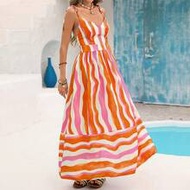 V-Neck Backless Cinched Waist Loose Hem Beach Dress For Women,Vacation,Vacation Style,Beach Outfit F