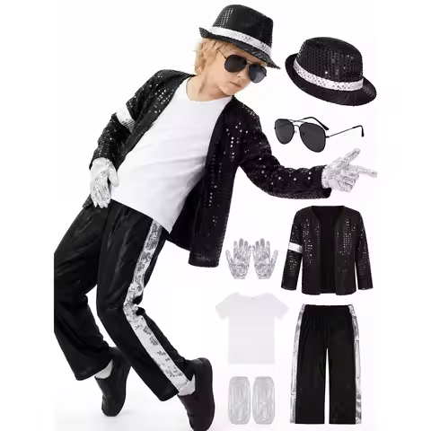 Kids Boy Stage Performance Costume Retro M J Billie Jean Style Dance Star Costume 80s 90s Party Outf