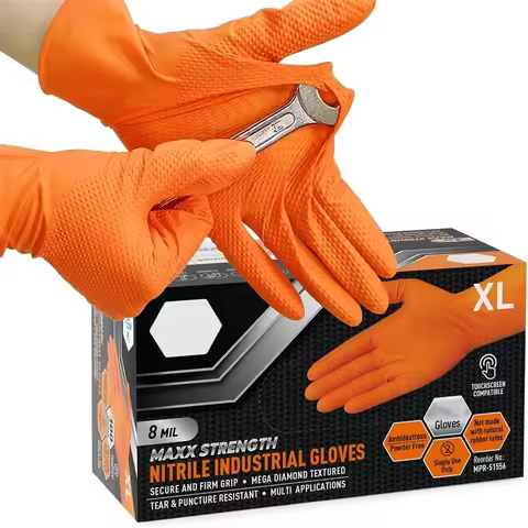 Heavy Duty Industrial Orange Gloves 8-mil Nitrile Disposable Gloves with Diamond Textured Grip Mecha