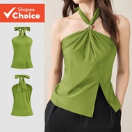 Lovito Women's Casual Asymmetric Top with Metal Buckle and Slit in Green L171AD013  Lovito Wanita Ka