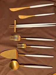 葡萄牙Cutipol -GOA系列白金霧面不銹鋼-蛋糕刀主餐刀叉匙筷點心叉奶油刀7件組