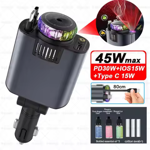 5-In-1 Car Aromatherapy Essential Oil Diffuser Starry Light 45W Retractable Phone Charger with IOS T