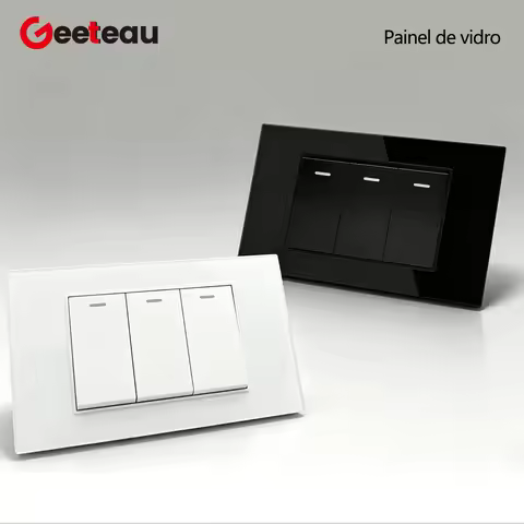 Geeteau Household Electrical Wall Switch 3Gang2Way Brazil Standard White Black Tempered Glass Panel 