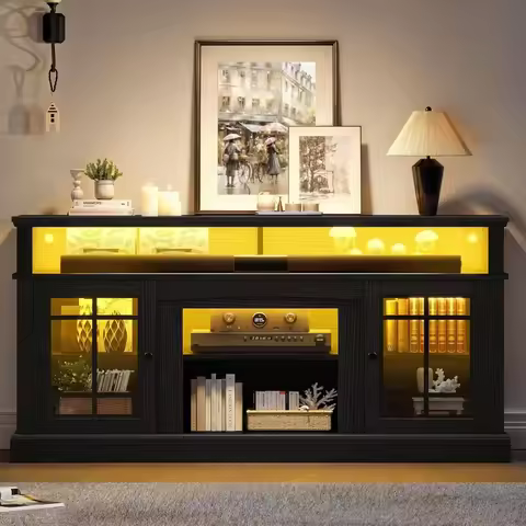 LED 75 Inch TV Stand with Adjustable Shelves and Glass Doors, 32'' Tall Television Stands TV Media C