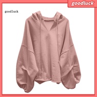 goodluck|  Solid Color Drawstring Pullover Hoodie Autumn Batwing Sleeve V-Neck Women Sweatshirt Stre
