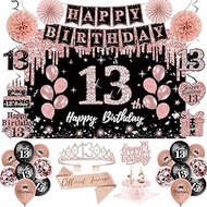 13th Birthday Decorations for Girls, 52pcs 13th Bady Crown and Sash Set, Including Black Rose Gold B