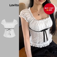 Women Cute Blouse Plain Eyelet Embroidery Tie Front Colorblock Blouse L177AD890