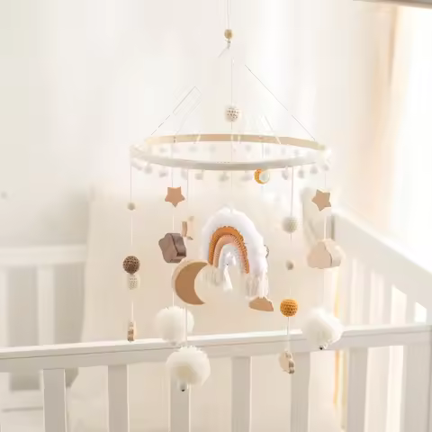 Baby Rattle Toys 0-12Months Wooden Crib Mobile Bed Bell Soft Felt Rainbow Clouds Hanging Bed Bell Mo
