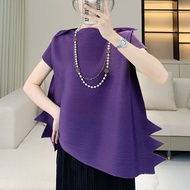 Issey Miyake Pleated Top Womens 2024 Summer New Loose Plus Size Chubby Girl Irregular Designer Short