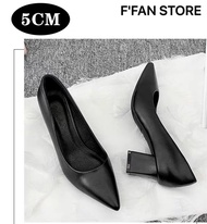 Giày cao gót nữ mũi nhọn đế vuông [DA THẬT] công sở bít mũi màu đen da mềm mại big size FFAN STORE