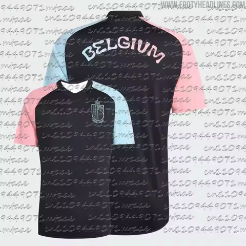 Men's Belgium Soccer Jersey Black Pink Light Blue Raglan RBFA Crest Shirt BELGIUM Retro Font Footbal