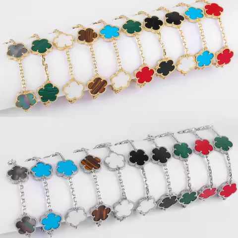 Hot Sale Premium 15mm Natural Stone White Shell Five Leaf Flower Bracelet Gold Silver Lucky bangle F