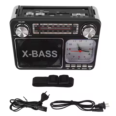 BT Radio Wireless Manual Tuning Retro Style Portable AM FM SW Radio with Light Clock Black Retro BT 