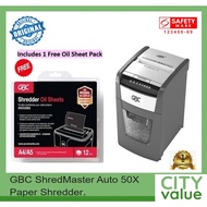 GBC ShredMaster Auto 50X Shredder. GBC AUTO50X. Auto Feed Shredder. Includes 1 Free Oil Sheet Pack.