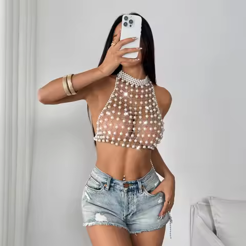 High Quality Pearl Netted Bodice Necklace Cropped Tops Multi-layered Choker Necklace Bohemian Glamor