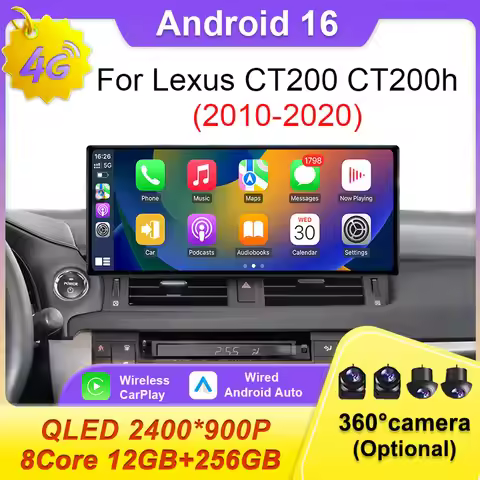 For Lexus CT200 CT200h 2010-2020 Android 16 Car 12.3 inch CarPlay GPS Navi Head Unit Multimedia HD S