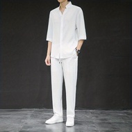 Short-Sleeved t-Shirt Men Summer Three-Quarter Sleeved Ice Silk Suit Chinese Style Men's High-End Ha