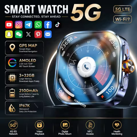 2026New WiFi 4G 5G Call Smart Watch Men Fashion 3+32GB Memory Social App Google Maps NFC AMOLED HD V