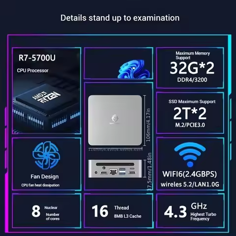 2025 GenMachine Mini PC AMD Ryzen 5700U Powerful CPU 43GHz Windows 11 DDR4 3200MHz 64GB WiFi6 Gaming