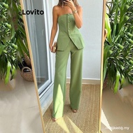 【In stock】Lovito Women Elegant Plain Button Split Front Pants Sets LNL40078 WNP6 Z0QF YVM5 LBDU S2MC