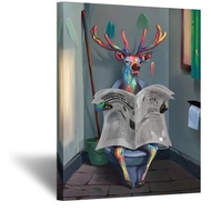 Funny Animal Canva Painting Deer Reading Newpaper On The Tet Bathroom Wall Decor Premium Quality Can