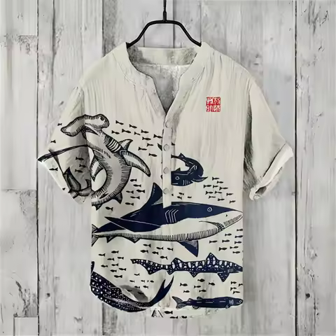 Summer men's short-sleeved POLO shirt linen printed shirt European and American popular elements ori
