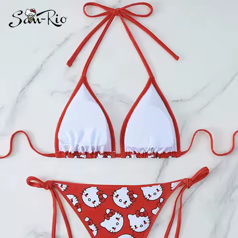 Sanrio Hello Kitty Bikini Cartoon Lingerie Girl Bikinis Summer Beach Getaways Swimsuit Set Woman Und