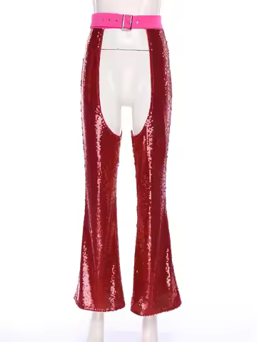 Women Halloween Fashion Sequin Cowgirl Chaps Pants Crotch Hollow Out Fully Lined Cover Pants for Mas