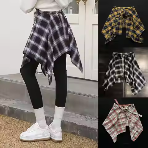 Unisex Checkered Layered Short Wrap Skirt Irregular Pleated Apron Skirt Tie Up A Line Hip Scarf Over