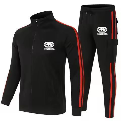 Men Ecko Unltd Rhino Print Tracksuit 2 Piece Set Striped Zip Up Stand Collar Jacket Cargo Jogger Pan