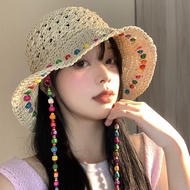 Hyuna Style Colorful Wooden Beads Straw Hat Bucket Women Summer Hollow Big Brim Sunshade Sunscreen F