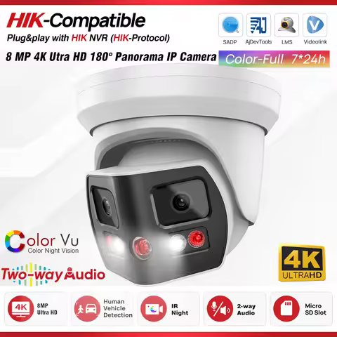 Hikvision Compatible 8MP 2 Lens 180° Panoramic IP Camera Two Way Audio MD2.0 Alarm Outdoor Video Sur