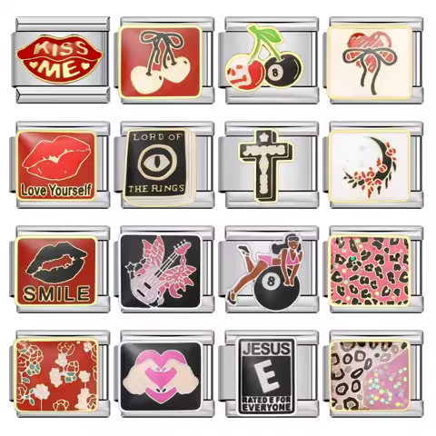 Fashion Colorful Leopard Heart Book Cross Cherry Kiss Italian Charm Jewelry Link Fit 9mm Stainless S