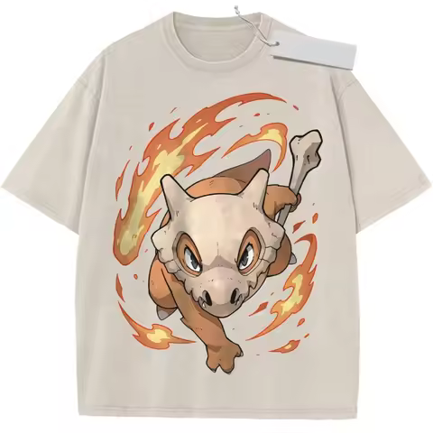 Vintage Washed Pokémon Cubone T-Shirt Brown Bone Flames Graphic Oversized Streetwear Tee For Casual 