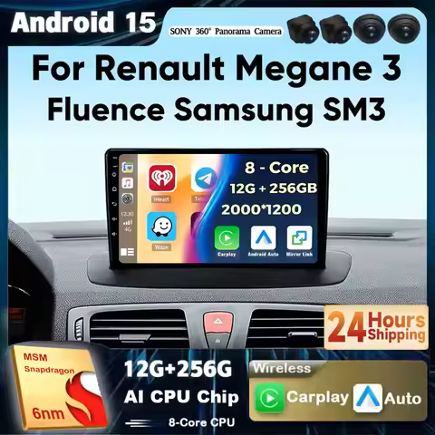 Android 15 Carplay Auto Car Radio Multimedia Player For Renault Megane 3 Fluence Samsung SM3 2008 - 