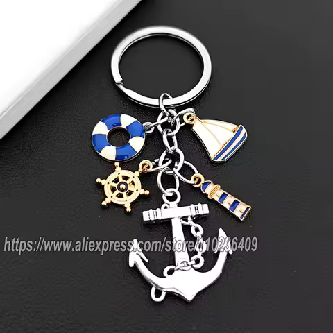 1pc Enamel Nautical Theme Keychain, Alloy Sail, Lighthouse, Anchor, Lifebuoy Design Key Ring, for Ca