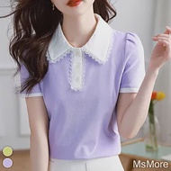 【MsMore】 POLO衫短袖撞色蕾絲花邊翻領T恤寬鬆短版上衣# 118173 M 紫色
