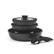 鍋 5件套推薦｜18cm｜20cm｜8.7cm｜596g｜407g｜452g｜不粘鍋｜家用炒鍋｜平底煎鍋｜鍋具套裝｜電磁爐適用｜不沾鍋｜少油不粘｜深炒鍋｜煎炒兩用｜燃氣爐適用｜奶鍋【香港行貨】（黑色）