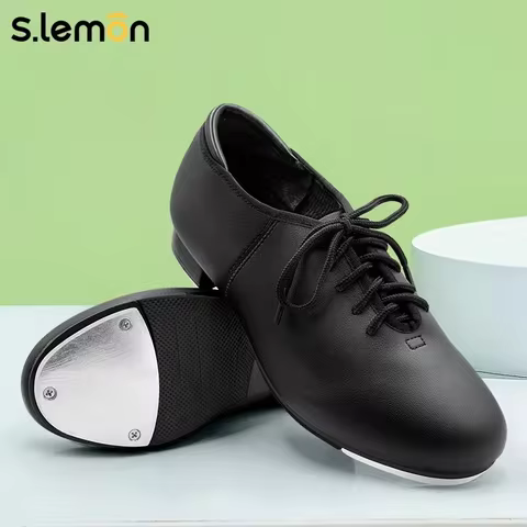S.lemon Tap Shoe,Black Full Sole Lace Up Patent Leather Black Soft-Sole Tap Dance Shoes for Kids Adu
