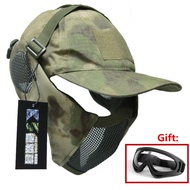 tactical cap and Adjustable Half Face Steel Wire Mesh Mask with Ear Protection for Airsoft ,w/ gift 